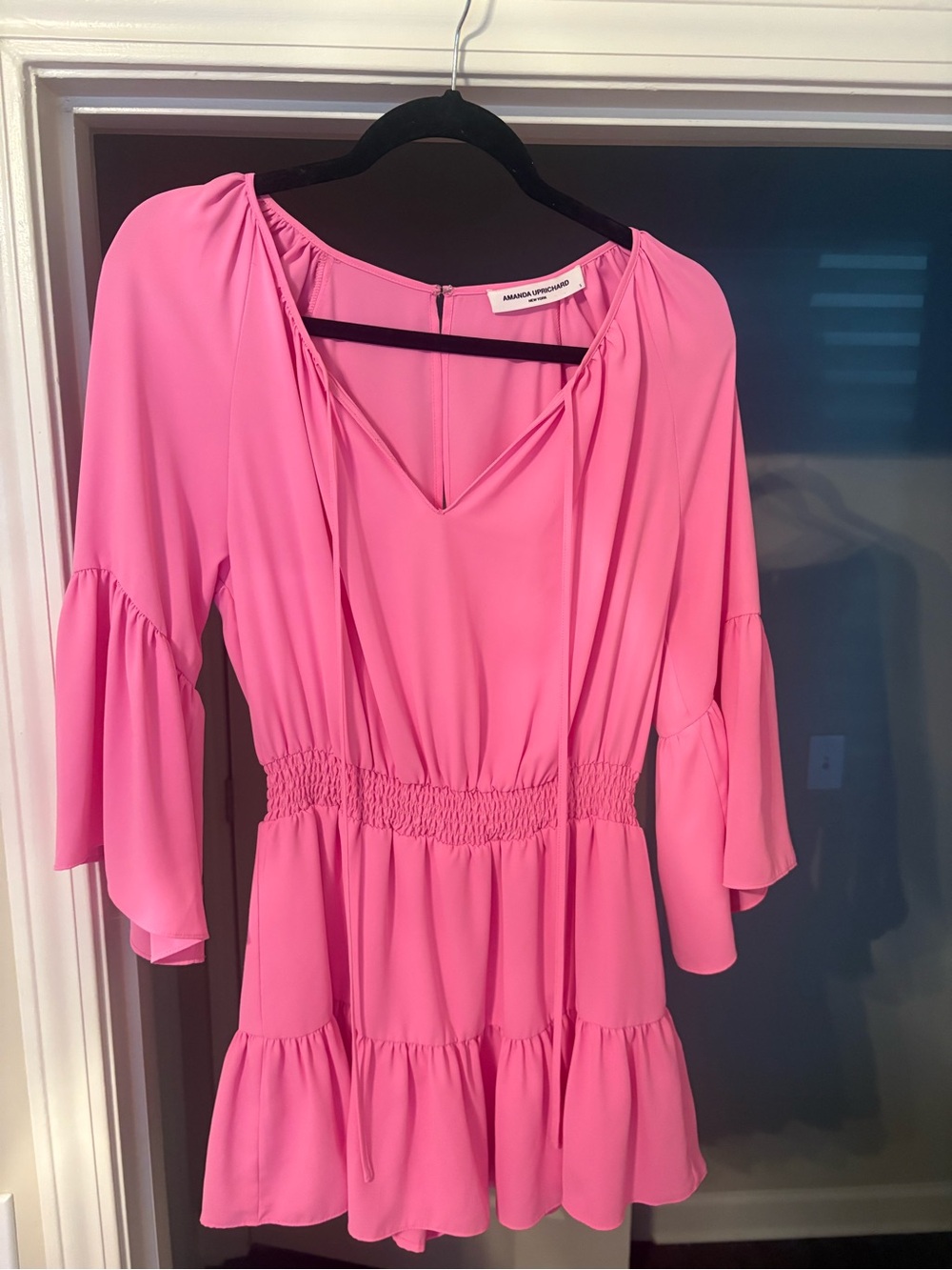 Amanda Uprichard Bright Pink Tiered V-Neck Mini Dress